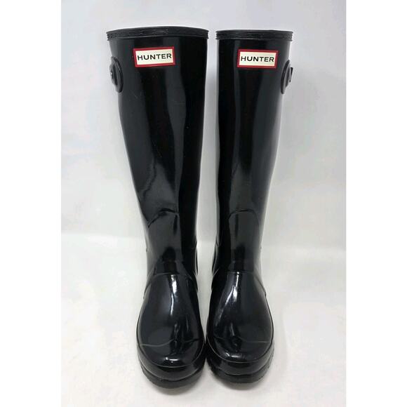 Hunter Original Tall Gloss Rain Boots Womens 7 US Black Waterproof Shiny - Picture 1 of 13